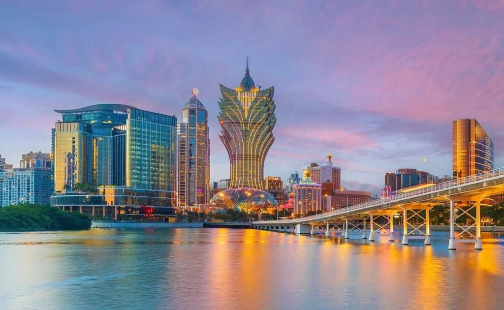 A view of the downtown city skyline in Macau at sunset