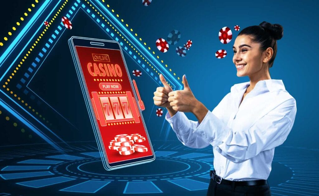 Online casino on a smartphone concept with a woman in frame.