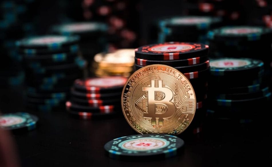 Bitcoin coin situated at the center of multiple stacks of poker chips