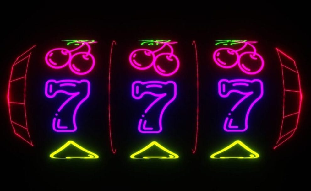 A neon illustration of a slot reel showing three 7s.