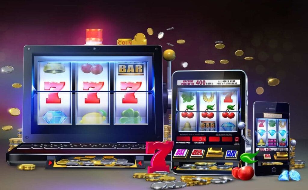 A vector image showing online slot games on a laptop, tablet, and cellphone with coins and slot symbols around the devices.