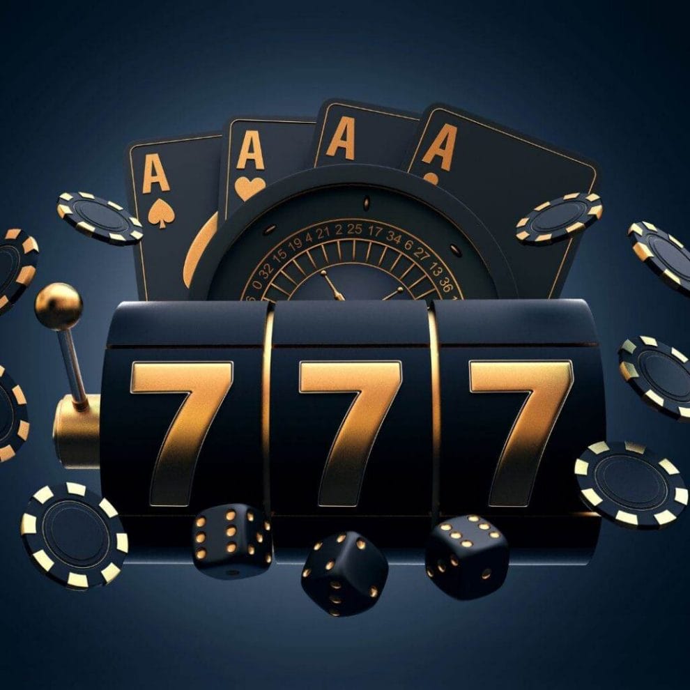 A vector image in black and gold that shows a slot reel surrounded by dice, poker chips, a roulette wheel, and playing cards.