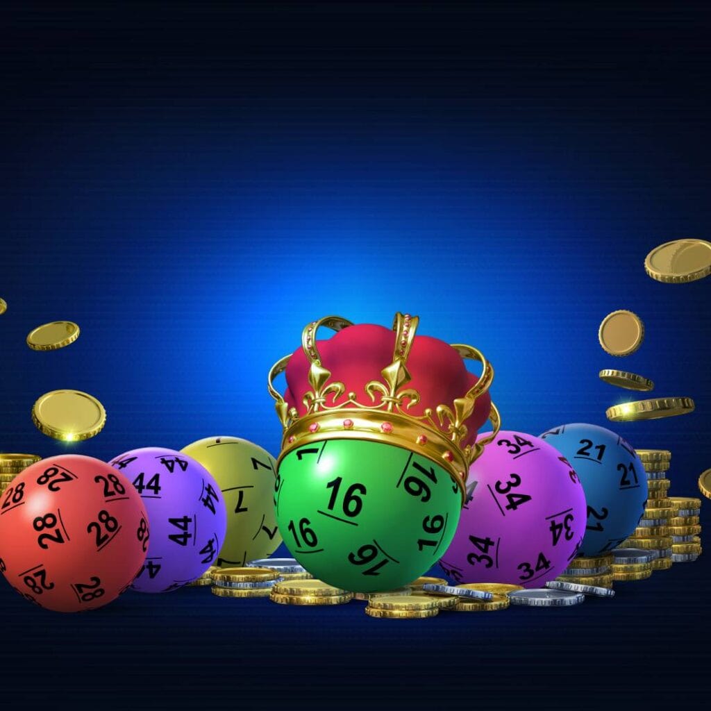 Image with a crowned lottery ball among other colorful lottery balls and lots of golden coins. 3D Rendered illustration on a dark blue background.