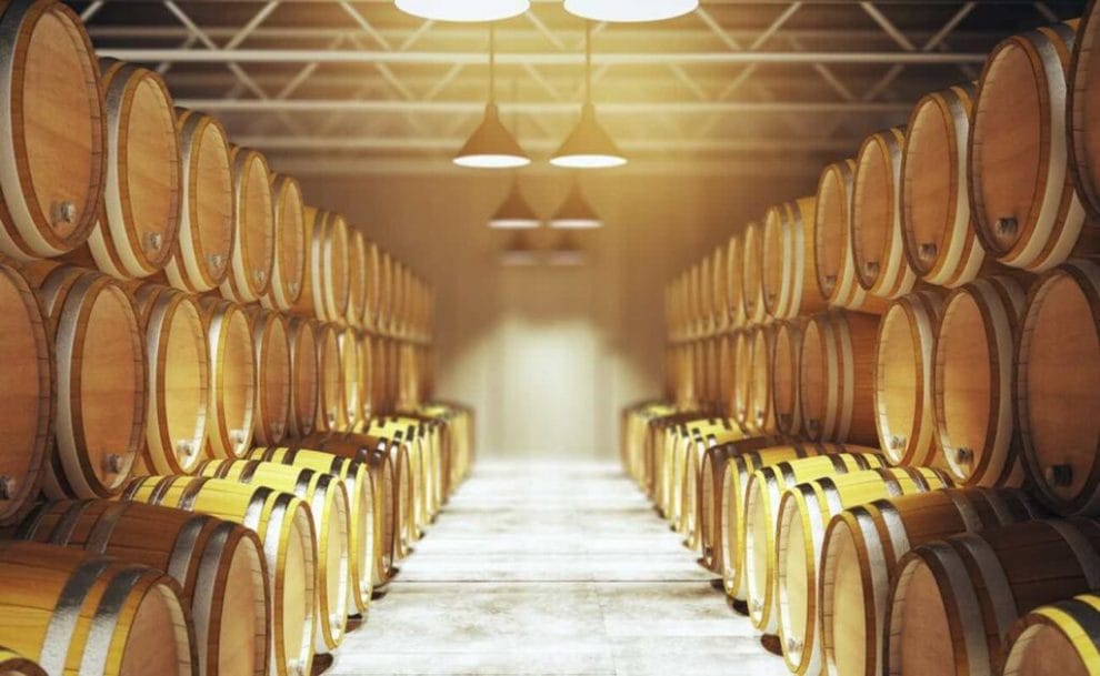 Stacked barrels of wine lined up in a cellar.