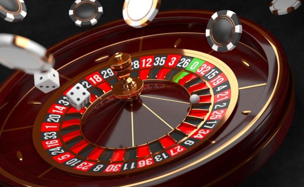 A digital roulette table with chips and dice.