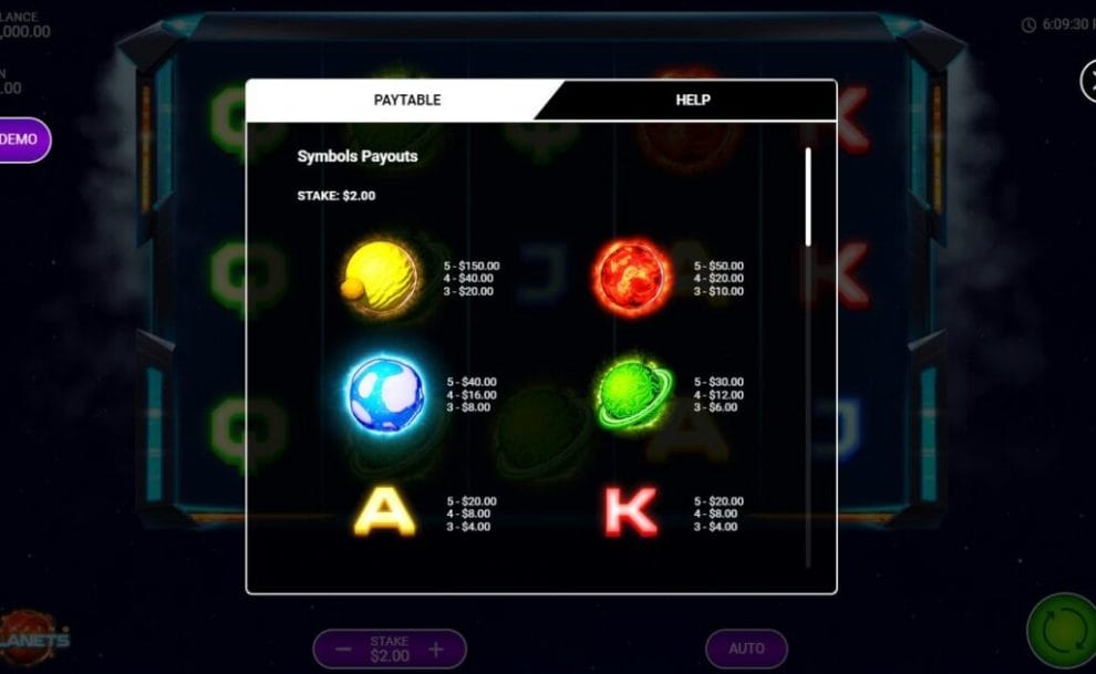 A screenshot of the Blazing Planets paytable.
