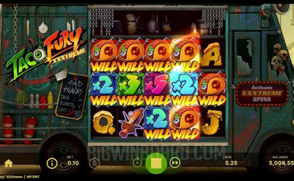 Taco Fury online slot game screenshot.