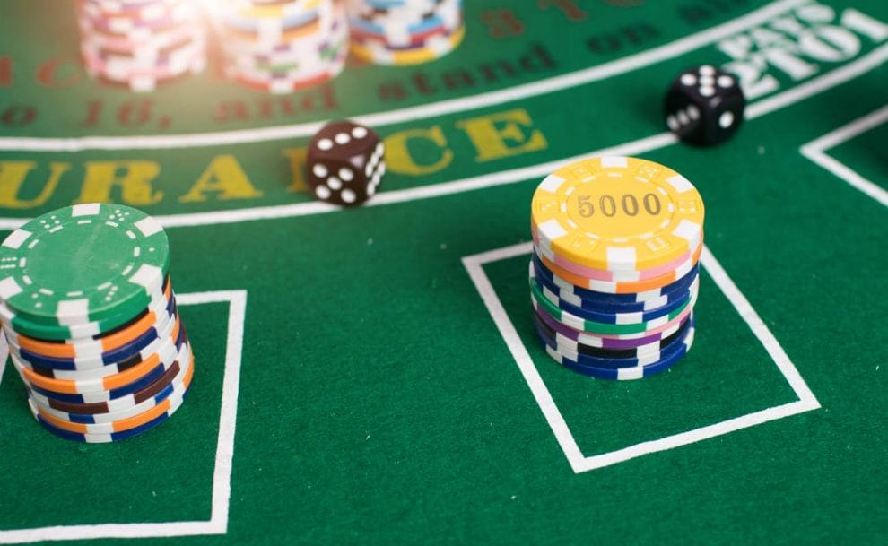 A craps table with casino chips.