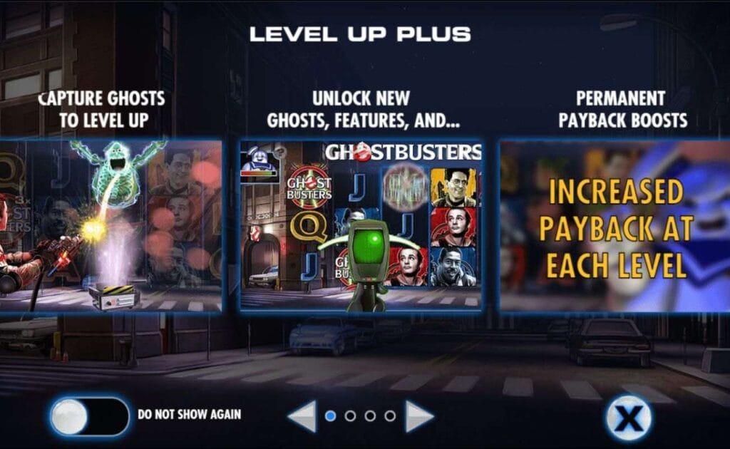  A screenshot of the game guide for how to level up in the Ghostbusters Triple Slime online slot game. 