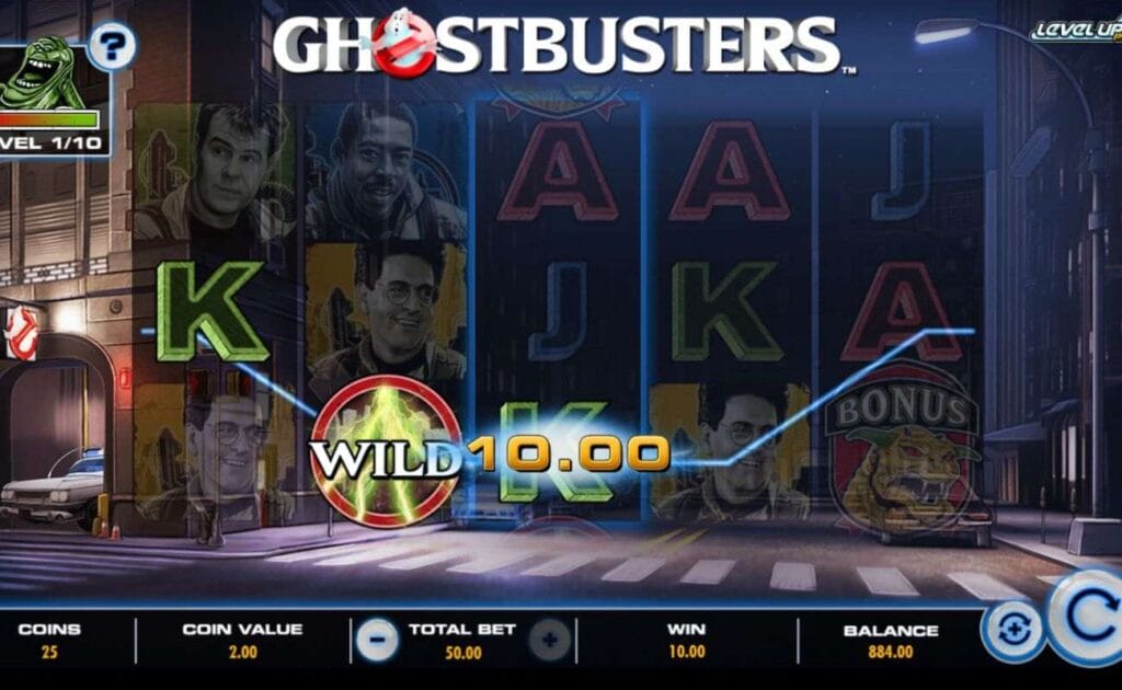 A screenshot of a Wild symbol on the Ghostbusters Triple Slime online slot game.