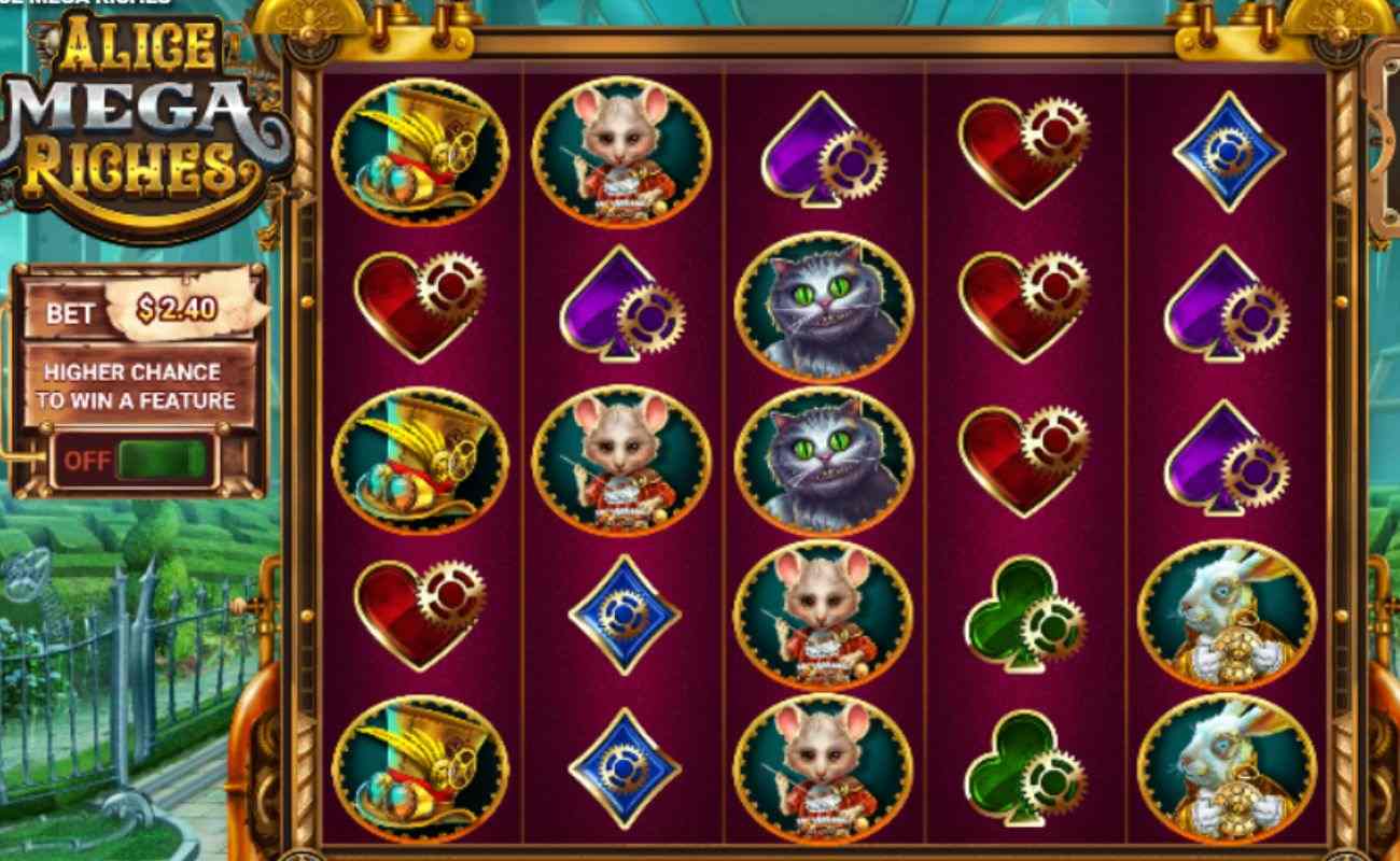 gameplay of the Alice Mega Riches online casino slot game by Wizard Games 