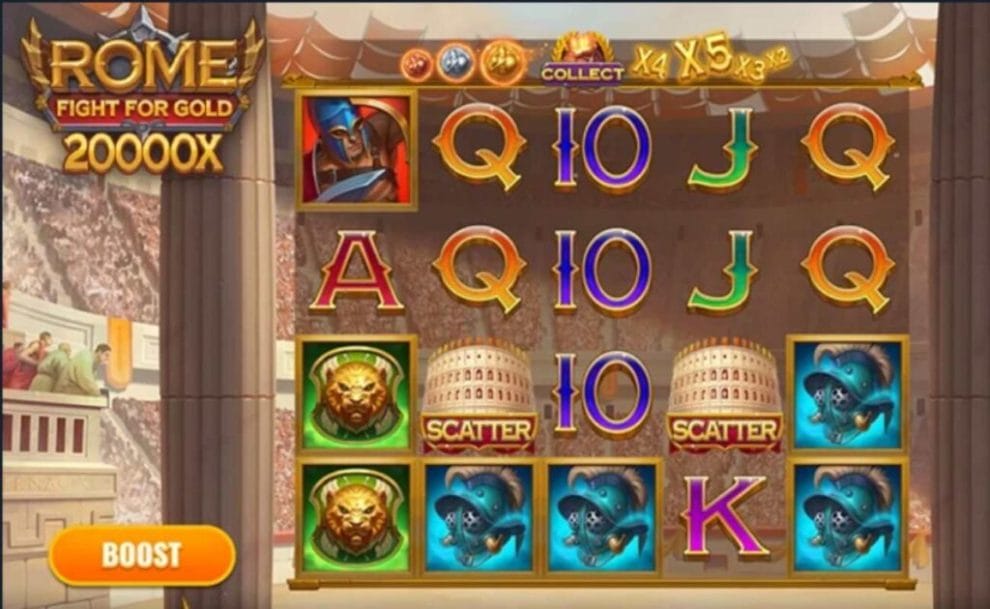 gameplay of the Rome Fight For Gold online slot game by Foxium 