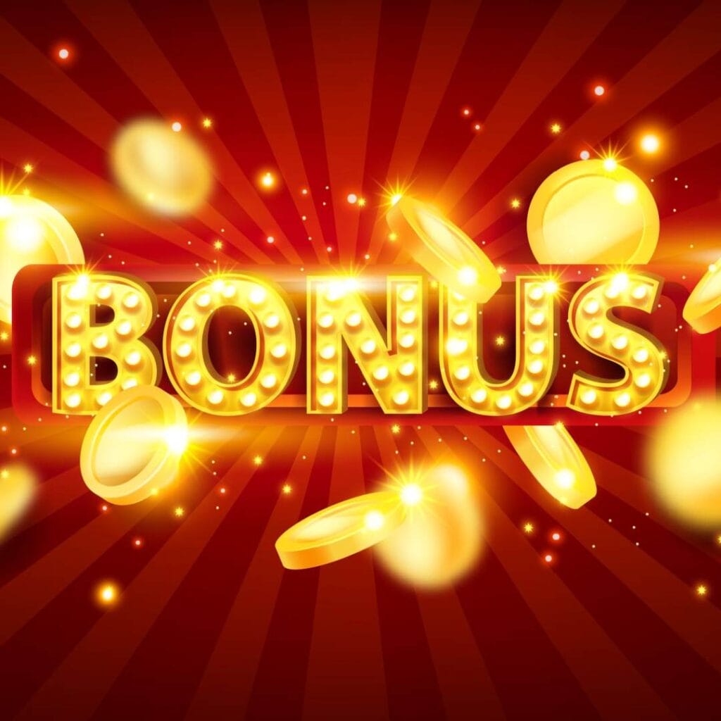 The word “BONUS” in lights surrounded by flying coins.