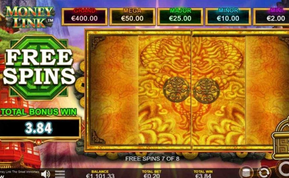 free spins feature of the Money Link - The Great Immortals online slot game by Lightning Box