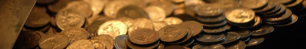 Quarter coins in a gambling machine.