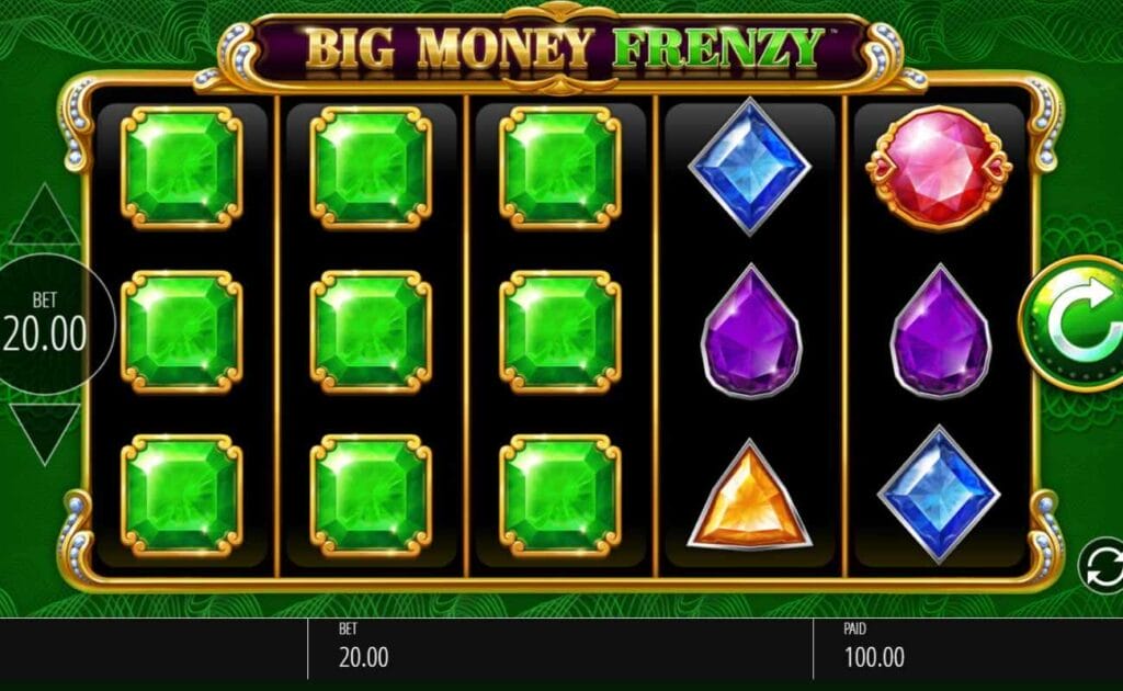 A screenshot of a $100 winning spin on the Big Money Frenzy slot game by Blueprint Gaming.