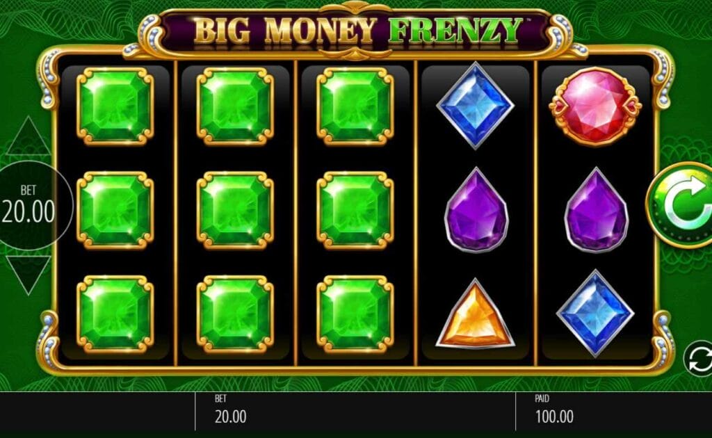A screenshot of a $100 winning spin on the Big Money Frenzy slot game by Blueprint Gaming.