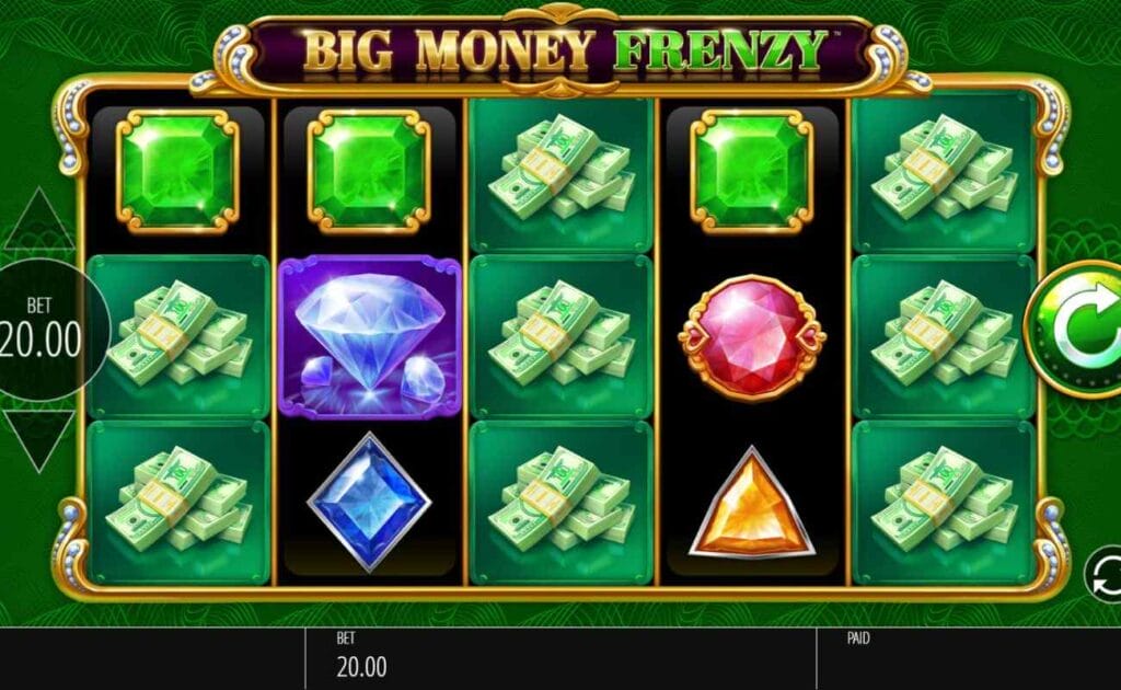 A screenshot of the gameplay of the Big Money Frenzy slot game by Blueprint Gaming.