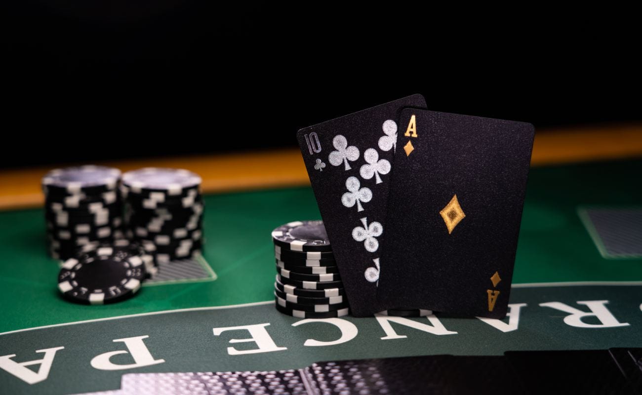Blackjack cards and casino chips.