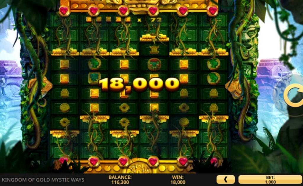 A screenshot of an $18,000-winning-spin on the Kingdom Of Gold Mystic Ways online slot game demo. 