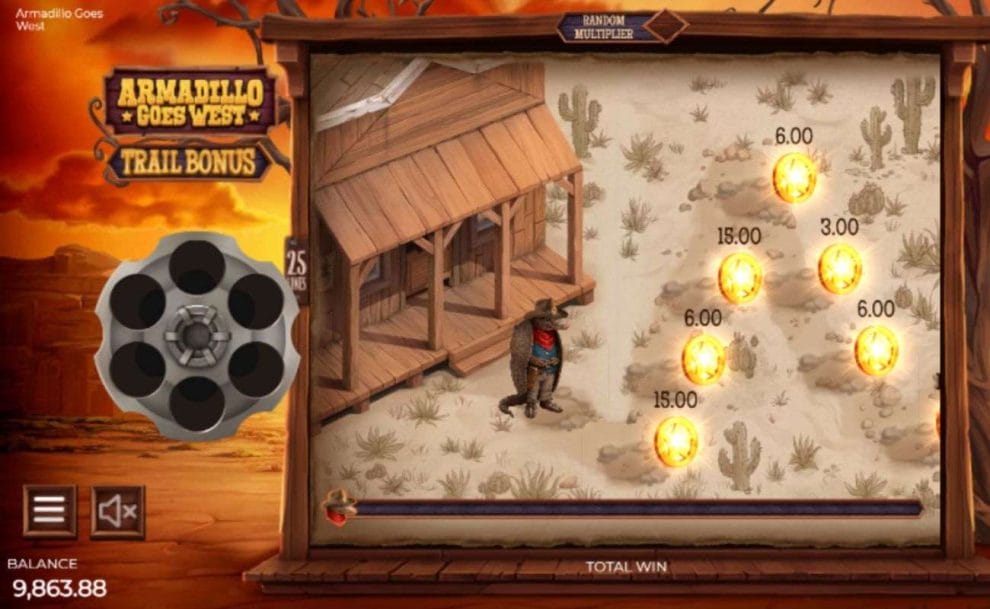 Armadillo Goes West online slot game screenshot.
