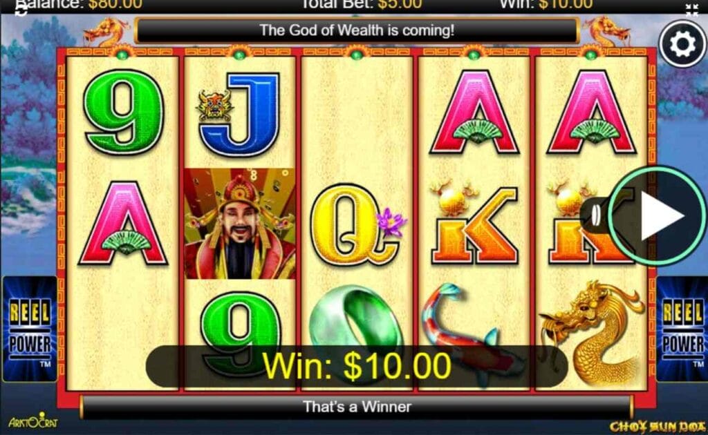 A $10 winning spin on Choy Sun Doa, the online slot game by Aristocrat.