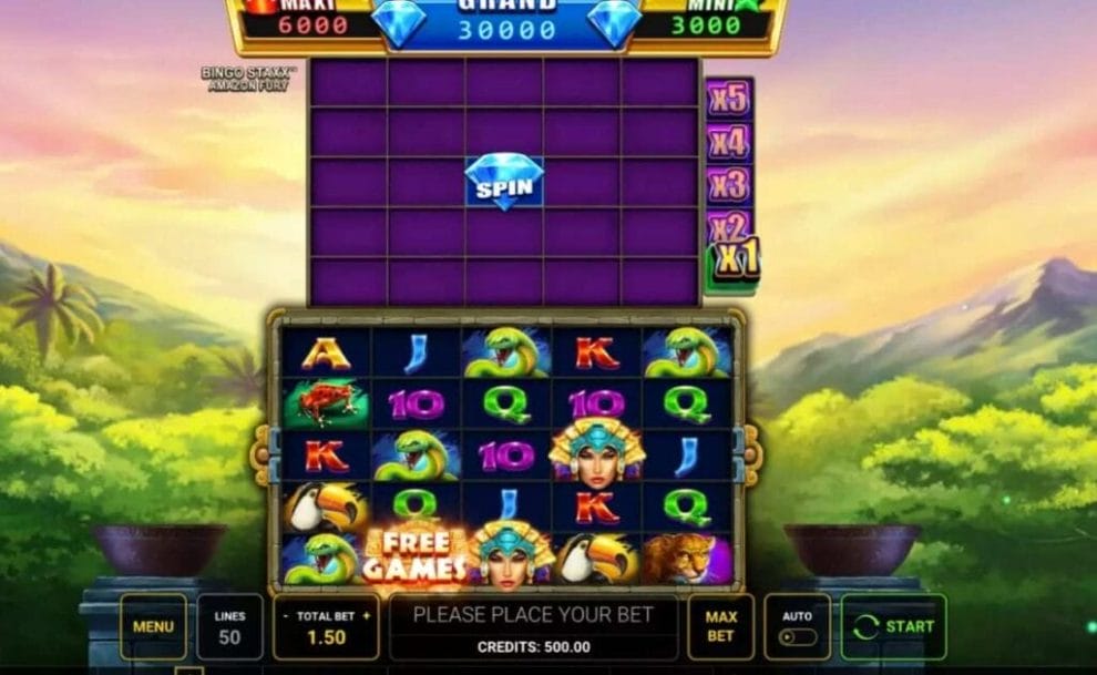 A screenshot of the gameplay on the Bingo Staxx Amazon Fury online slot game by Novomatic.
