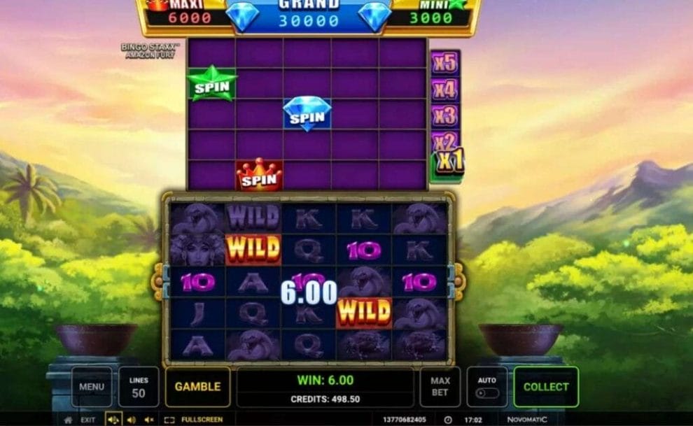 A screenshot of a winning spin on the Bingo Staxx Amazon Fury online slot game by Novomatic. 