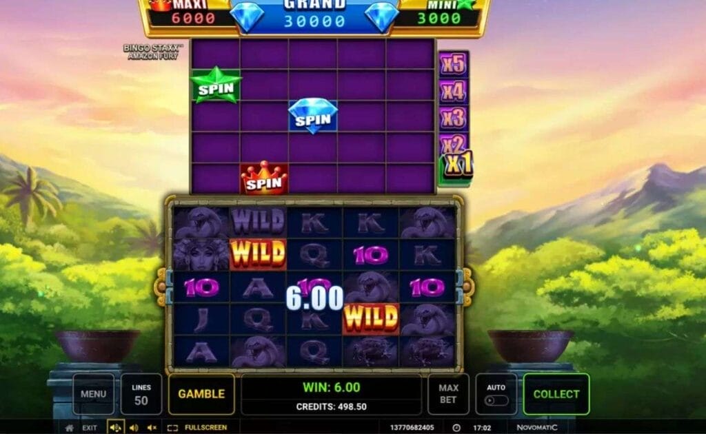 A screenshot of a winning spin on the Bingo Staxx Amazon Fury online slot game by Novomatic.