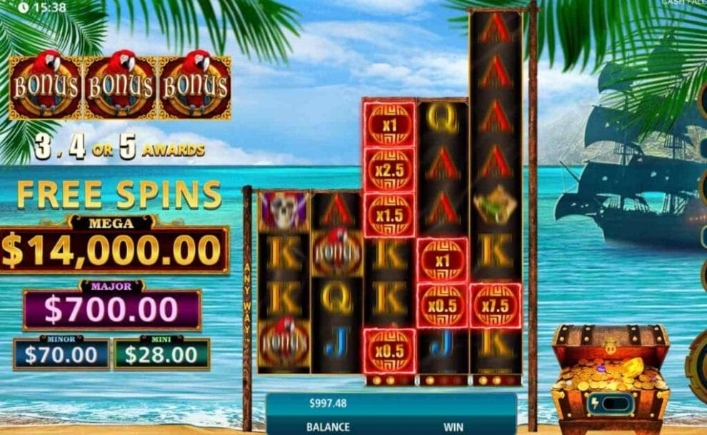 A screenshot of a winning spin on the Cash Falls Pirate's Trove online slot game.