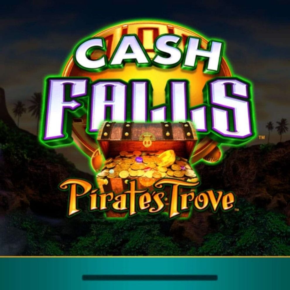 The title screen for the Cash Falls Pirate’s Trove online slot.