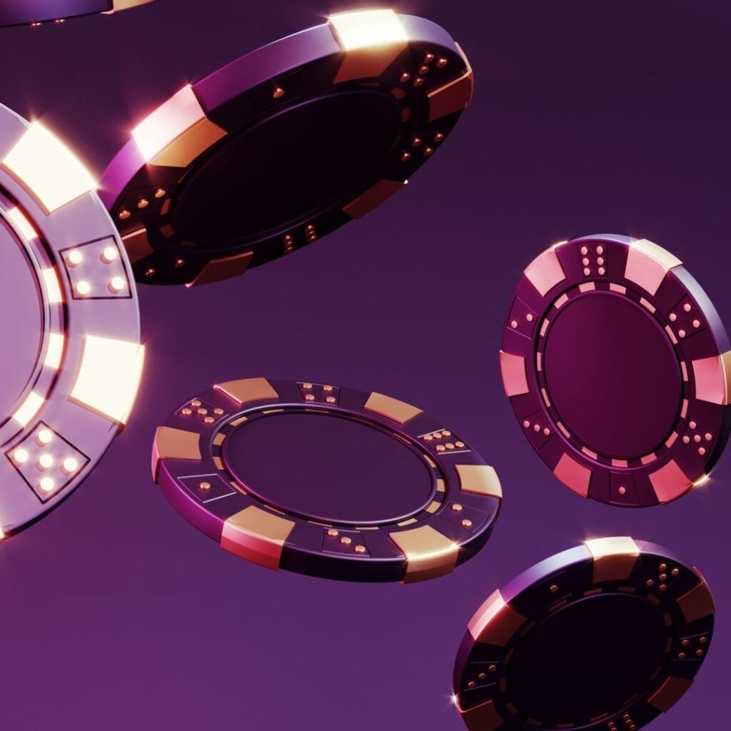 A purple background with purple and gold poker chips tumbling downwards.