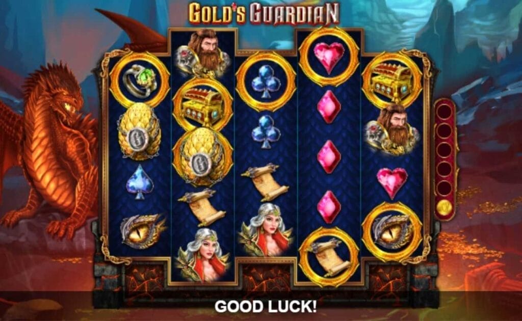 Screenshot of Gold’s Guardian online slot game. 