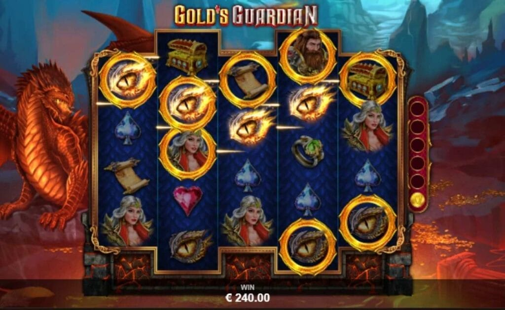 Screenshot of Gold’s Guardian online slot game. 