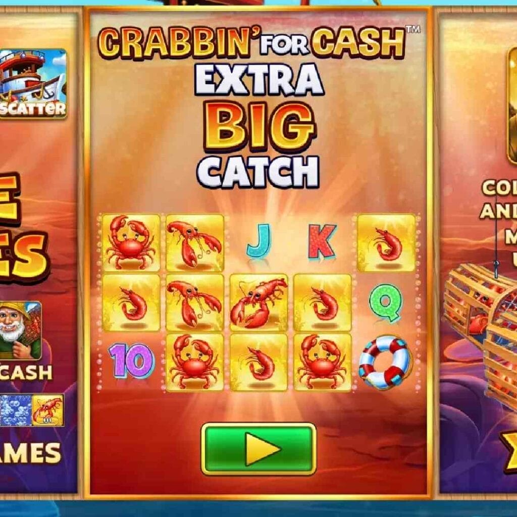 Close-up of the screen for the Crabbin' For Cash Extra Big Catch online slot.