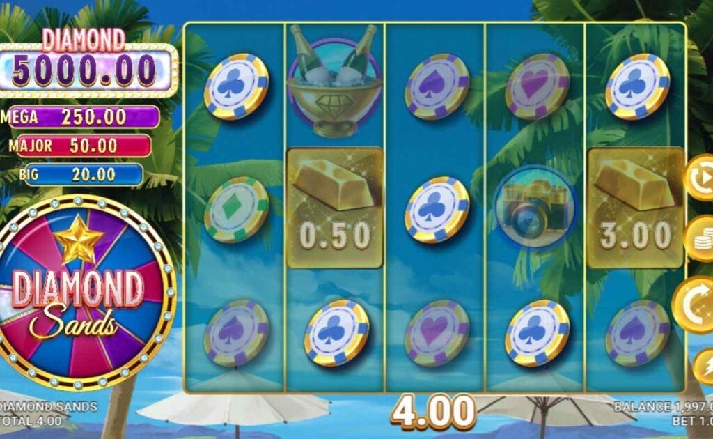 gameplay of the Diamond Sands online slot game by Just For The Win