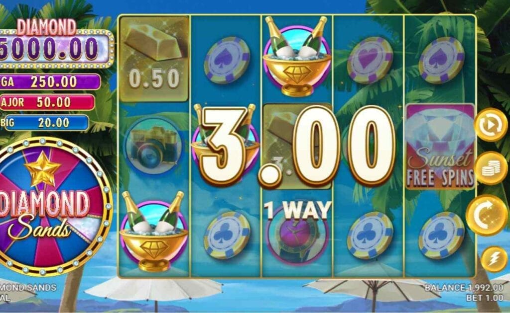 gameplay of the Diamond Sands online slot game by Just For The Win
