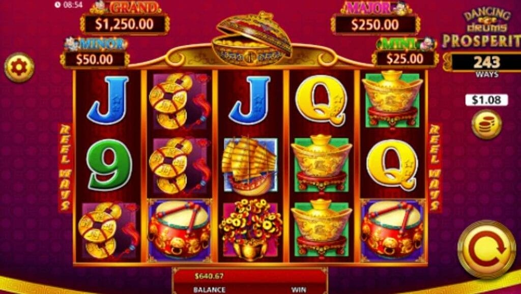 Dancing Drums Prosperity online slot game screen.