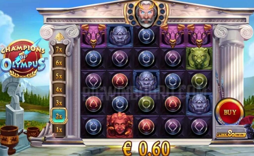 gameplay of the Champions of Olympus online slot game by Gold Coin Studios