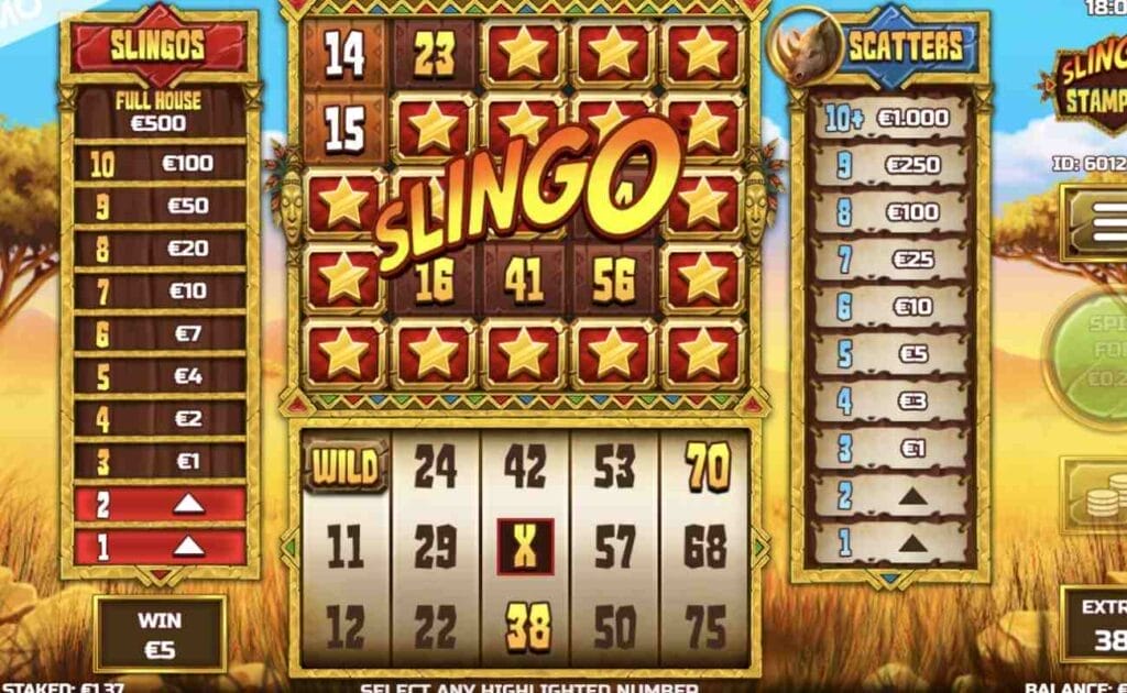 Sixteen stars stamped across the bingo number grid situated above the reel spinning grid with text “Slingo” written across the top.