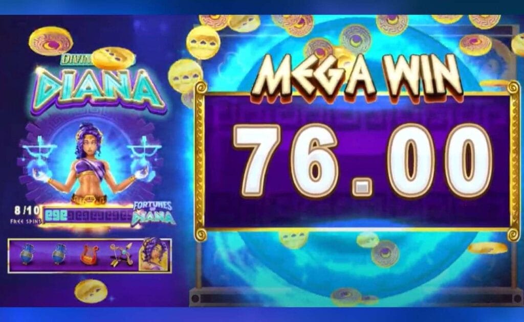 gameplay of the Divine Riches Diana online slot game by Just for the Win