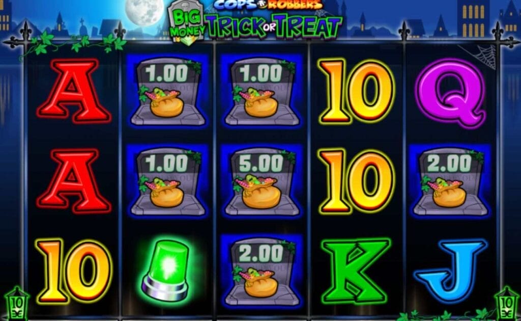 gameplay of the Cops 'n' Robbers Big Money Trick or Treat online slot game by Greentube