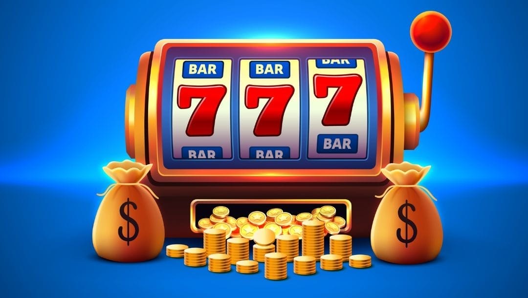 A vector image of a golden, 3-reel slot game with three red 7s lined up on the reels. Some gold coins are coming out of the bottom of the machine, and some are stacked in neat piles in front of it, along with two bags with dollar signs on them.