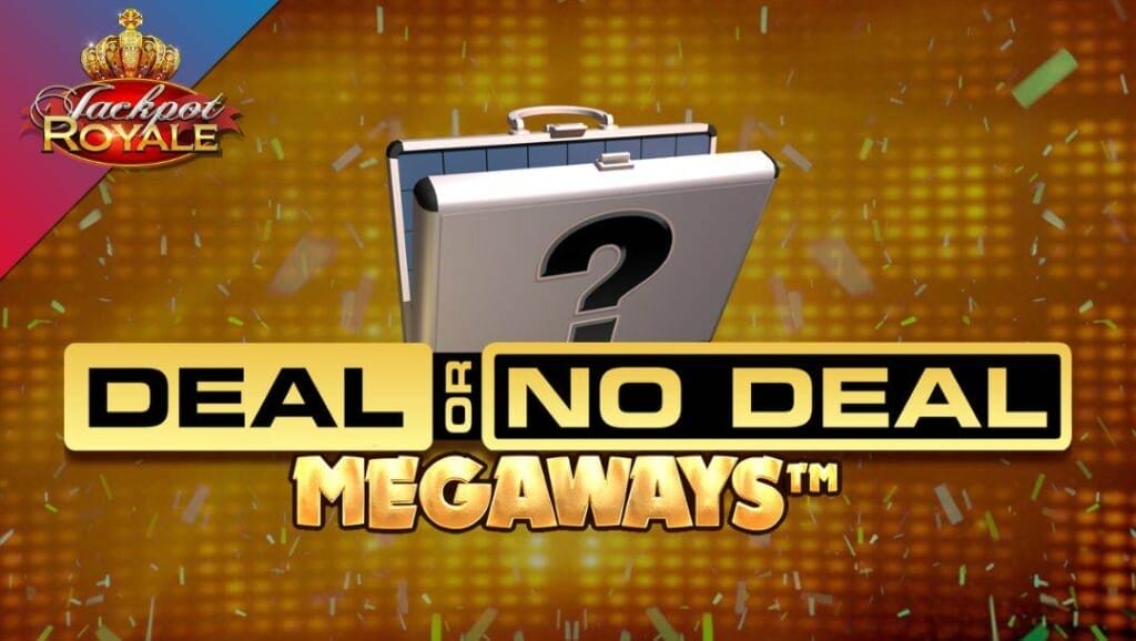  A title screen for Deal or No Deal Megaways Jackpot Royale. The game logo is in front of a silver briefcase with a question mark on it. The background is made up of glittering gold lights and confetti. The JPR logo is in the top-left corner. 
