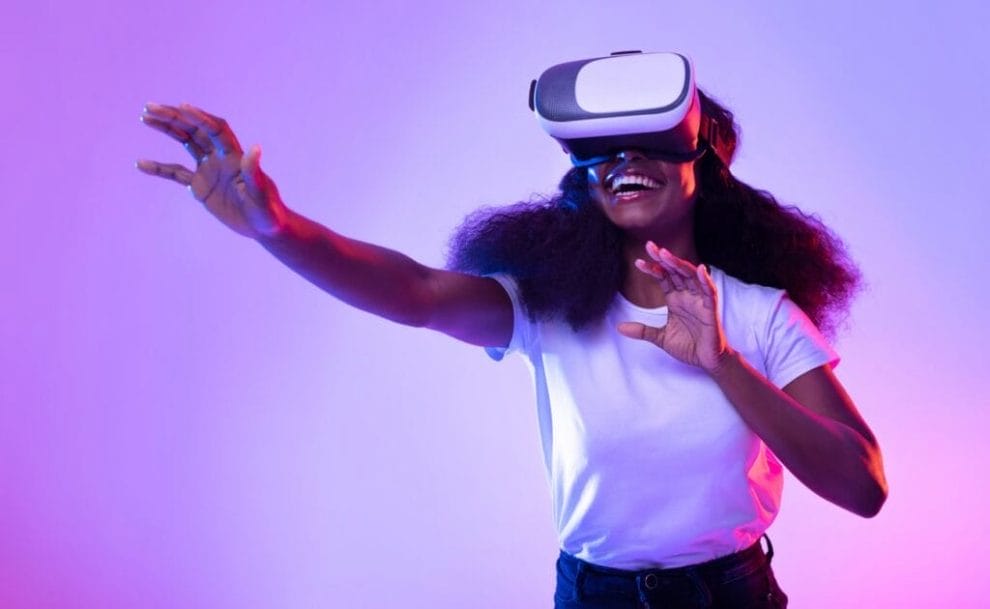  A woman using a VR headset.