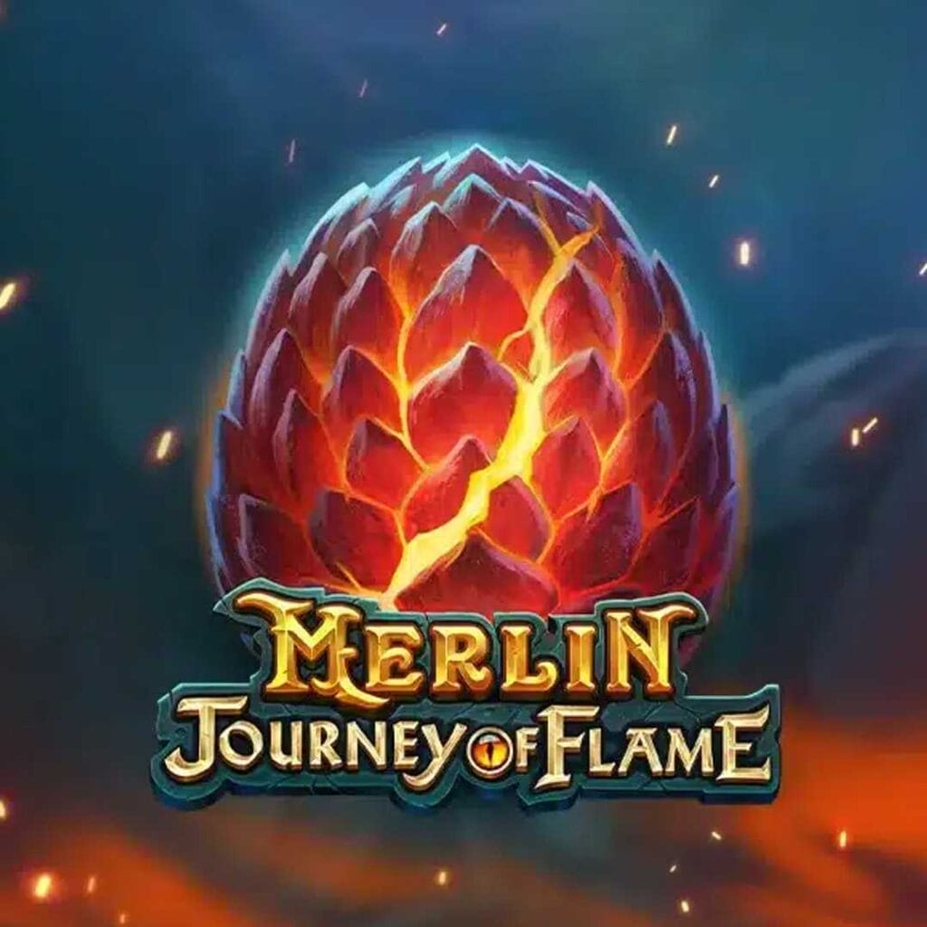 The title screen for Merlin: Journey of Flame online slot game.