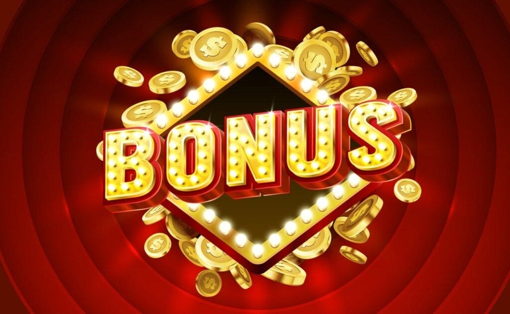 An illustration of a gold and red bonus sign surrounded by bright lights and gold coins set against a background of red rings.