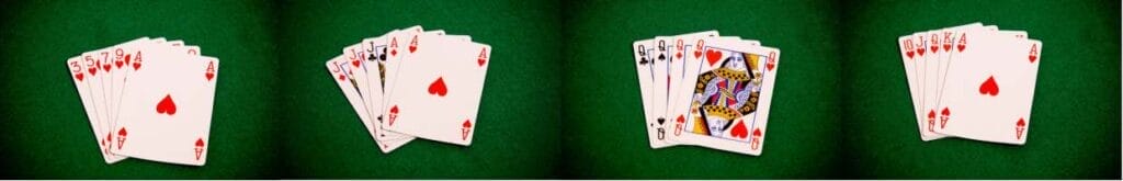 Four different examples of poker hands on a poker table