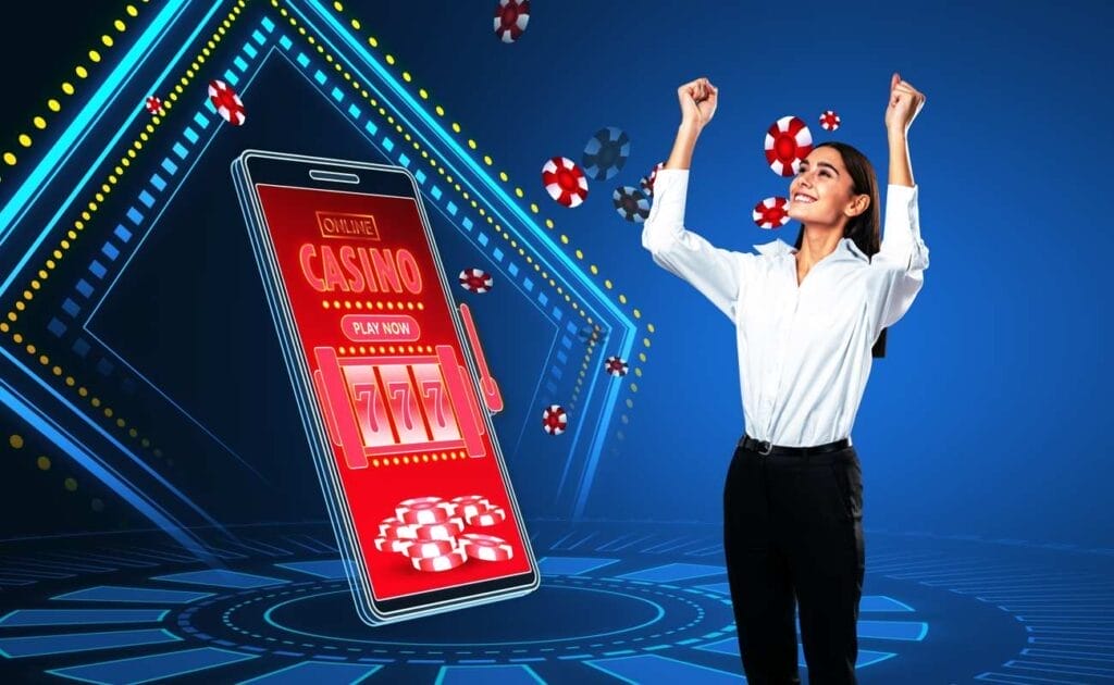 A woman in a white shirt and black trousers celebrates winning on online casino 