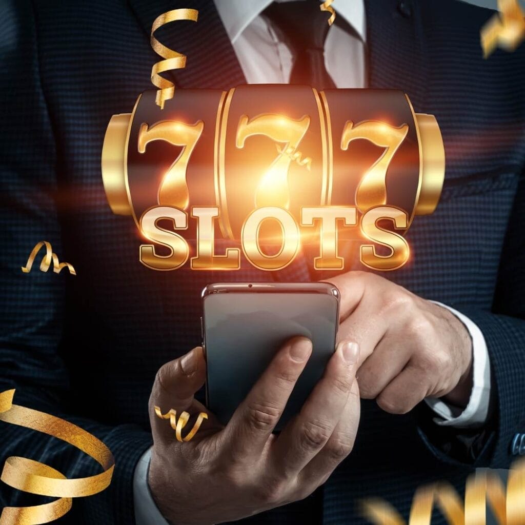 A person plays 777 online slots on a smartphone